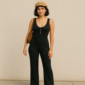 Vintage 70s Black Lace Up Wide Leg Jumpsuit